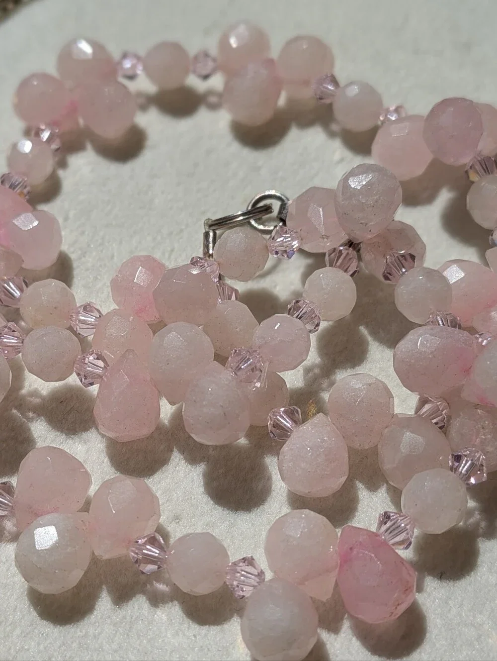 🌸 Artisan Rose Quartz & Crystal Necklace — Sterling Silver Clasp
